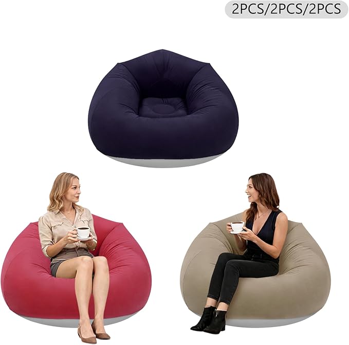 6 Pcs Bean Bag Chairs for Adults, Inflatable Chairs with Foot Pump, Folding Blow Up Couch, Flocking Portable Lazy Sofa for Movie Night, Living Room, Camping, 220lbs Load Capacity, Brown+Navy Blue+Red