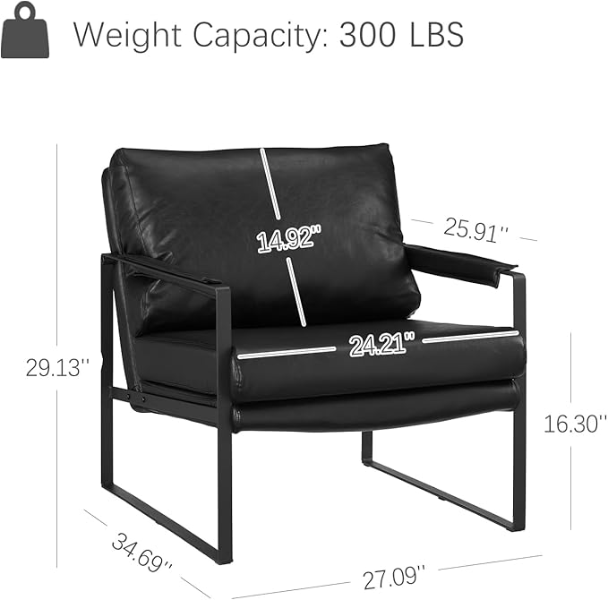 Zouron PU Leather Accent Chair for Bedroom, Living Room Chairs Modern Contemporary Upholstered Armchair with Metal Frame, for Living Room, Office, Reception Area, Set of 2, Black