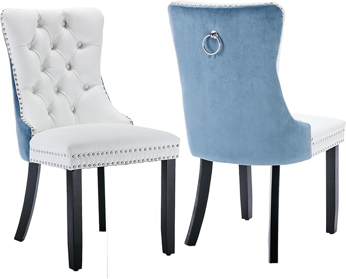 YeahFurn Modern Dining Chairs Set of 2, Tufted Upholstered Dining Room Chairs with Nailhead, PU Leather Front & Velvet Back, Solid Wood Legs, Kitchen Chairs, Sillas de Comedor (White & Light Blue)