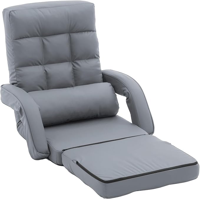 FLOGUOR 14-Position Adjustable Floor Chair, Chaise Lounge Indoor, Folding Lazy Sofa with Armrests and a Pillow Padded Adults Gaming Chairs for Living Room, Bedroom Factory Price,8803 (Grey（PU）)