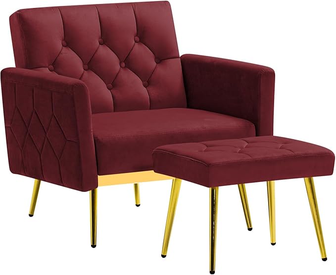 ACMEASE Velvet Accent Chair w/Adjustable Armrests and Backrests, Tufted Single Sofa with Ottoman, Upholstered Reading Chiar for Living Room, Apartment, Bedroom, Red