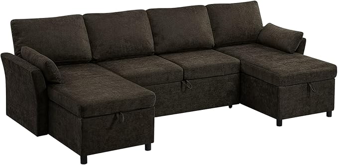 ACMEASE 107 Inches Fabric Sectional Sofa with Pull Out Sofa Bed, Modern U Shaped Sofa with Throw Pillows, Comfortable Sleeper Couch with Storage Chaise for Living Room, Brown