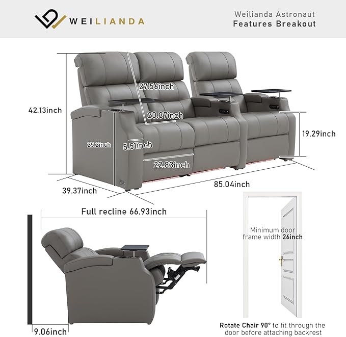 Weilianda Home Theater Seating, Top Grain Leather Sectional Seats Recliner Chair, Zero Gravity Reclining Sofa with Power Headrest 7 Colors Ambient Lighting USB C Charge Row of 3 Loveseat Left Grey