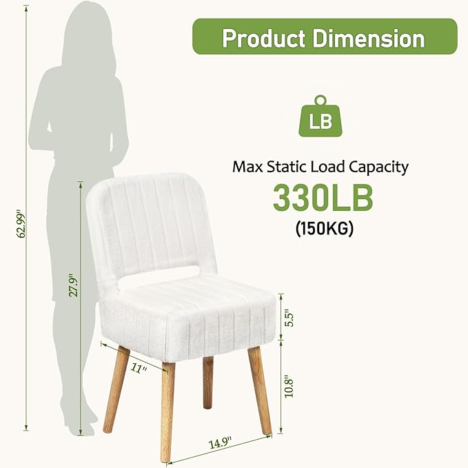 Vanity Stool Chair with Storage and Folding Backrest, White Soft Faux Rabbit Fur Upholstered Footstool, 4 Solid Wood Legs with Anti-Slip-Scratch Foot Pads, Furry Padded Seat for Makeup, Bedroom