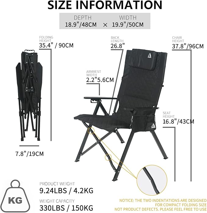Aluminum Reclining Camping Chair, Heavy Duty Folding Lawn Chairs with 4-Stage Adjustable High Back for Adults, Compact Foldable Outdoor Patio Reclining Chair (Black, 1 Pack)