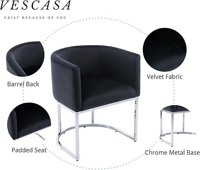 VESCASA Velvet Upholstered Dining Chairs with Barrel Back, Mid Century Modern Padded Restaurant Chairs with Chrome Metal Frame for Kitchen, Dining Room, Set of 2, Black