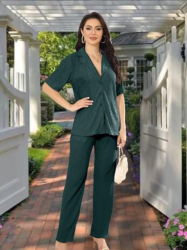 Ekaliy Women's 2 Piece Casual Pleated Outfits Short Sleeve Button Down Shirt High Waist Wide Leg Trouser Sets Suit