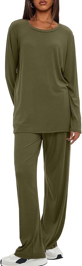 Darong Women's 2 Piece Lounge Set Casual Long Sleeve Crew Neck Tops Wide Leg Pants Travel Airport Outfit Matching Sets