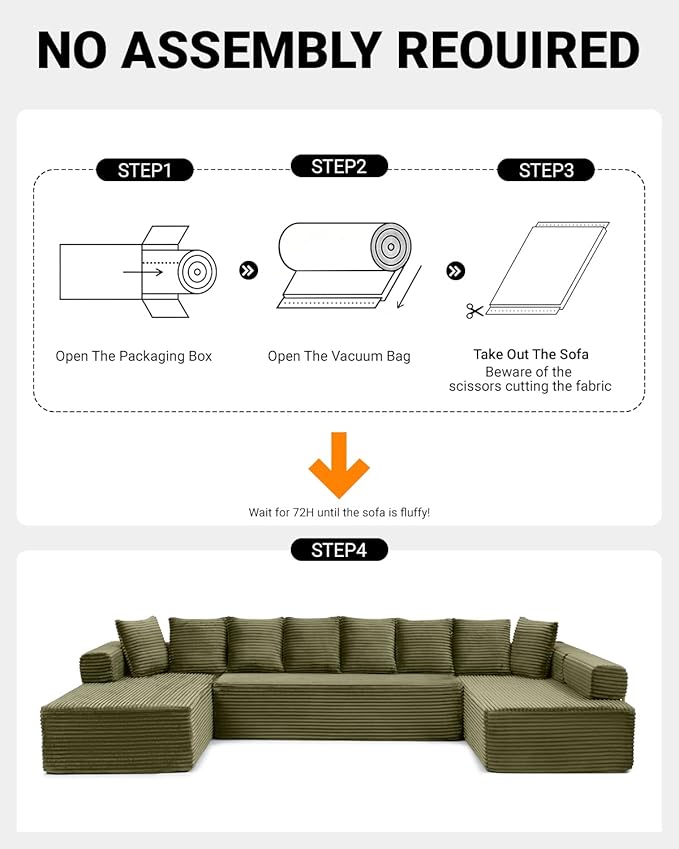 145" Oversized Cloud Boneless Sectional Sofa with Chaise, Corduroy U Shaped Modular Couch with Deep Seat, Fixed Frame Comfy Corner Sofa, No Assembly Required (Green)