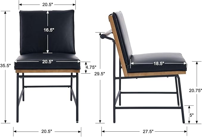 DUOMAY Mid-Century Modern Dining Chairs Set of 2, PU Leather Upholstered Side Chair with Rear Handle, Armless Chair with Metal Legs for Kitchen Dining Room Living Room Vanity, Black