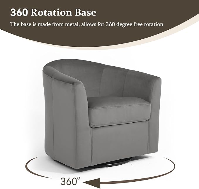 DREAMSIDEA Swivel Accent Chair, Upholstered Velvet Barrel Armchair, Modern Round Single Sofa Seating Comfy Reading Corner Chairs for Living Room Bedroom, Fully Assembled (Velvet Grey, Set of 1)