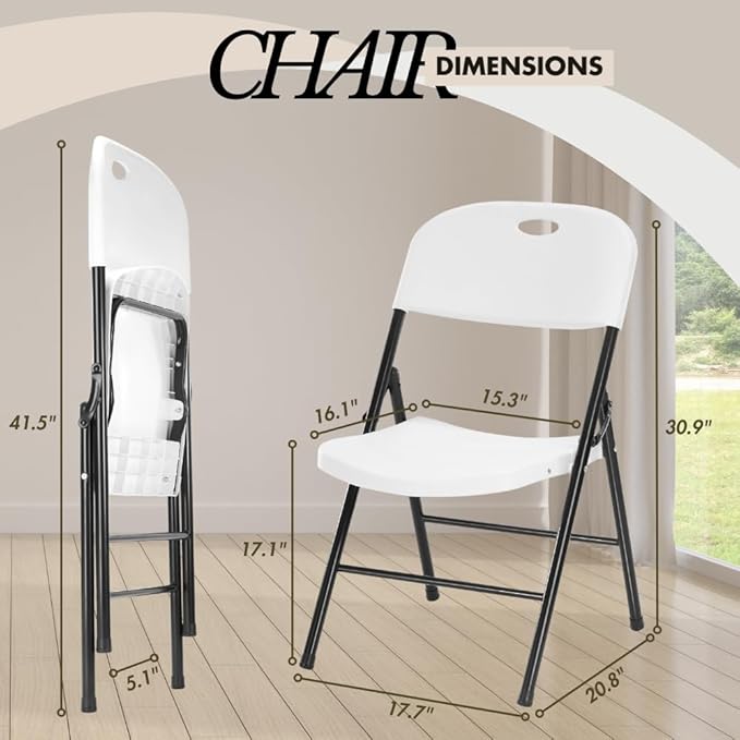Amazing for less 4-Pack Heavy Duty Plastic Folding Chair, 450 lbs Capacity Foldable Chairs for Indoor Outdoor, Stackable Portable Seating for Party, Wedding, Patio, Backyard, Office (White)