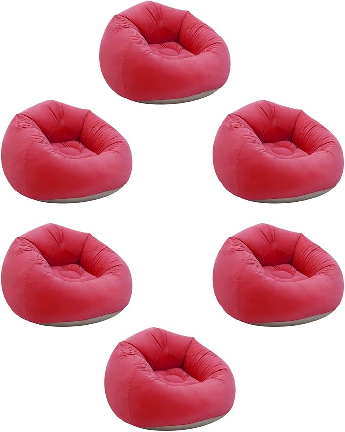 DYRABREST 6 Pcs Bean Bag Chairs for Adults, Inflatable Chairs with Foot Pump, Red Folding Blow Up Couch, Flocking Portable Lazy Sofa for Movie Night, Living Room, Camping, 220lbs Load Capacity
