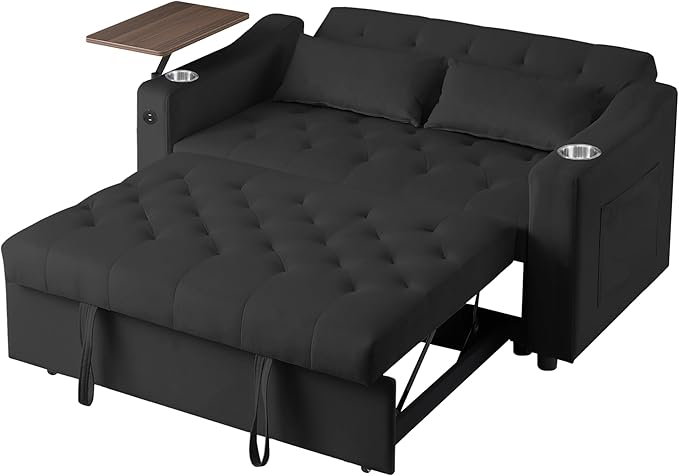 Auvsoce 53'' Convertible Sleeper Sofa Bed with Adjustable Backrest, Chaise Lounge, Side Table &Two Pillows – Stylish & Functional Addition to Any Living Room (Black Sofa)