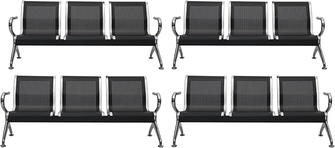 Kinfant Waiting Room Bench Set - Metal Office Guest Reception Seat Black Mesh Waiting Room Chairs with Armrest for Airport, Hospital, Bank, Salon, Barbershop, Hall(3-Seat, Set of 4)