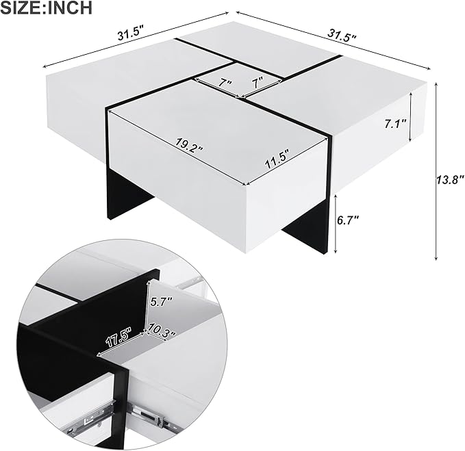 HanStrong 31.5" Square Coffee Table with 4 Hidden Storage Compartments,Cocktail Table with Extendable Sliding Tabletop,UV High-Gloss Design Center Table for Living Room,White