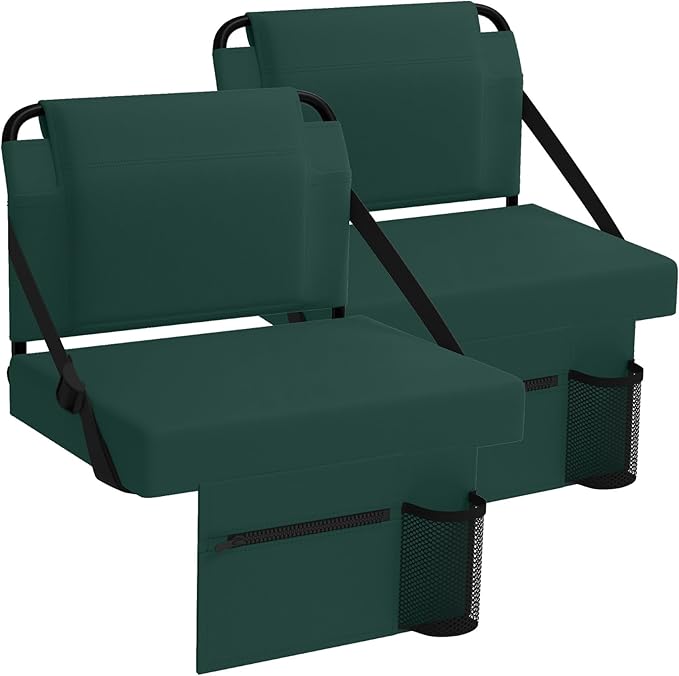Stadium Seat 2 Pack for Bleachers with Back Support,Portable Bleacher Chairs with Back and Cushion，Green