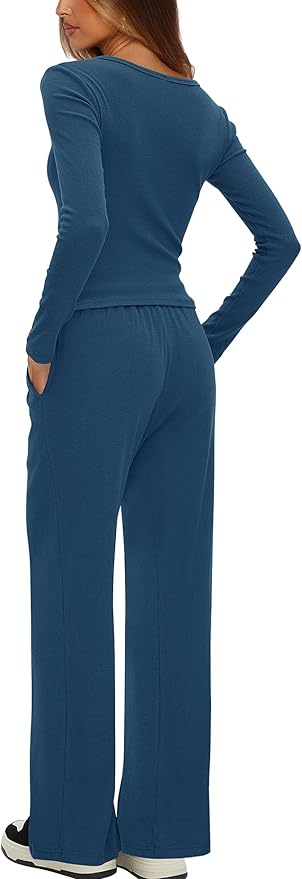 Darong Womens 2 Piece Matching Lounge Sets 2026 Long Sleeve Henley Shirts Wide Leg Pants Airport Travel Outfits