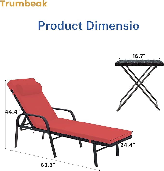 Trumbeak Patio Chaise Lounge Set 3 Pieces Pool Lounge Chairs,Cushioned Outdoor Folding Lounge Chair w/Arm and Rattan Adjustable Backrest for Poolside Porch,Folding Table Included,Red