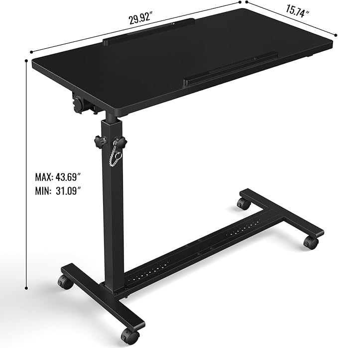 Adjustable Overbed Bedside Table, Hospital Bed Table with Wheels, Portable Rolling Desk, Mobile Small Standing Desk, Rolling Laptop Stand, Computer Cart