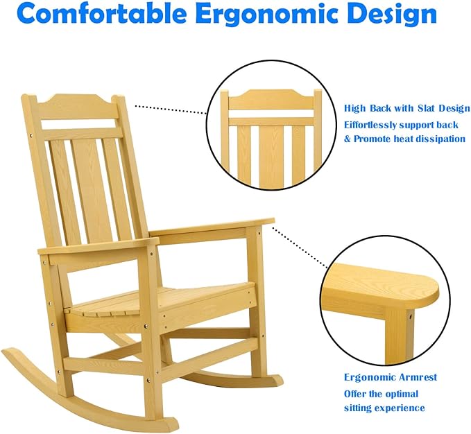 Rocking Chair, All-Weather Patio Deck Outdoor Indoor Chair, Fade-Resistant Porch Rocker Chairs, Durable Smooth Rocking, Comfortable Easy to Assemble, Low Maintain, Load Bearing 350 lbs (Yellow)
