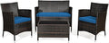 Goplus 4-Piece Rattan Patio Set, Outdoor/Indoor Wicker Conversation Set for Pool, Backyard, Lawn, Wicker Chairs and Sofa with Soft Cushion, Rattan Furniture with Tempered Glass Coffee Table
