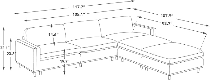 CHITA Super Large Luxury L Shape Convertible Sectional Modular Sofa, Down Filled Modern Sofa, Deep Seat Cloud Couch, 118 inch Width, 5 Seat Couch with Chaise, 2 Ottomans, Solid Wood Leg, Linen