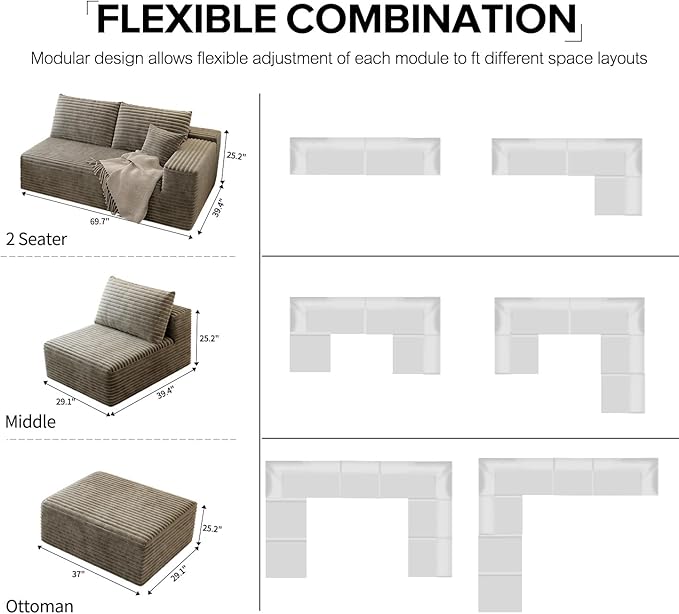 139.4" Modular Sectional Sofa Couch, Oversized U-Shaped Minimalist Couches with 2 Ottomans Chaise and 2 Middle Seats, Modern Deep Seat Cloud Plush Corduroy Sofas Set for Living Room, 8 Seater, Camel