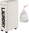 DOKEHOM 29-Inches Enlarged Slim Laundry Basket with Removable Wash Bag on Wheels, Collapsible Rolling Laundry Hamper, Foldable Narrow Corner Clothes Storage Bins (Beige)