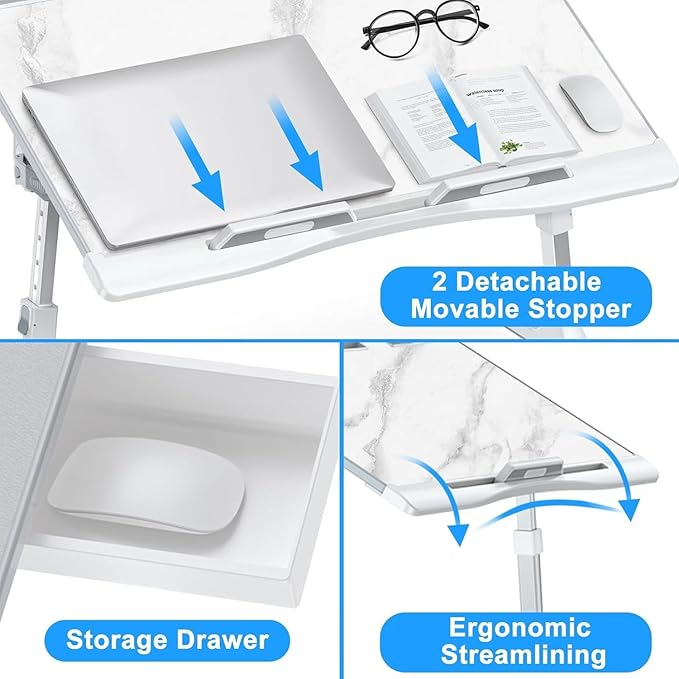 Bed Desk for Laptop - Marble Pattern, Adjustable X-Large Foldable Lap Desk, Laptop Lap Desk with 2 Movable Stoppers and Drawer for Bed Couch Floor Writing Eating Working (23.6 inch)