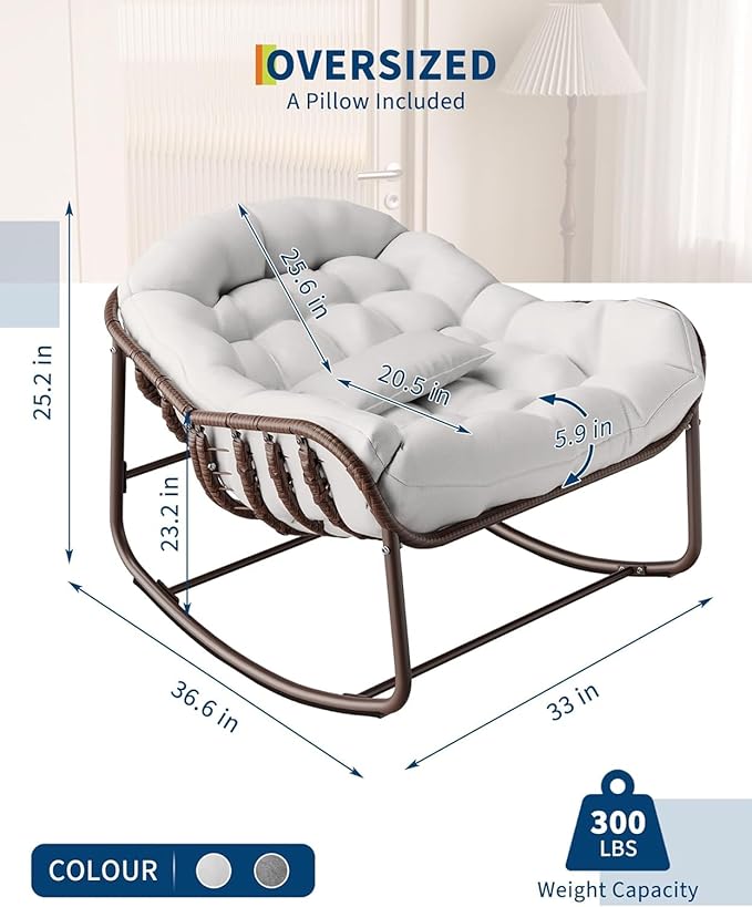 DEXSO Oversized Papasan Rocking Chair - Outdoor Wicker Lounge Chair with Cushion & Metal Frame, Patio Rattan Egg Rocker for Balcony, Backyard, Porch & Bedroom, White