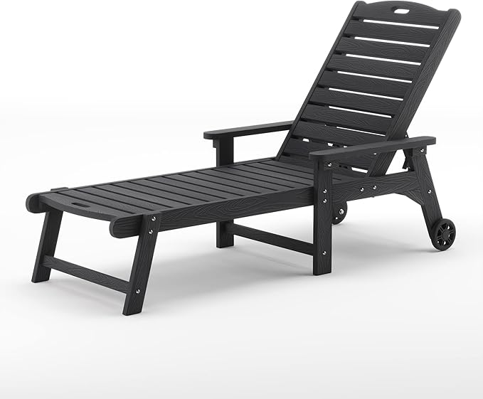LUE BONA Outdoor Chaise Lounge, HDPS Chaise Lounger, 5 Positions Adjustable Lounge Chairs, Pool Lounge Chair with Wheels for Poolside, Backyard, Black