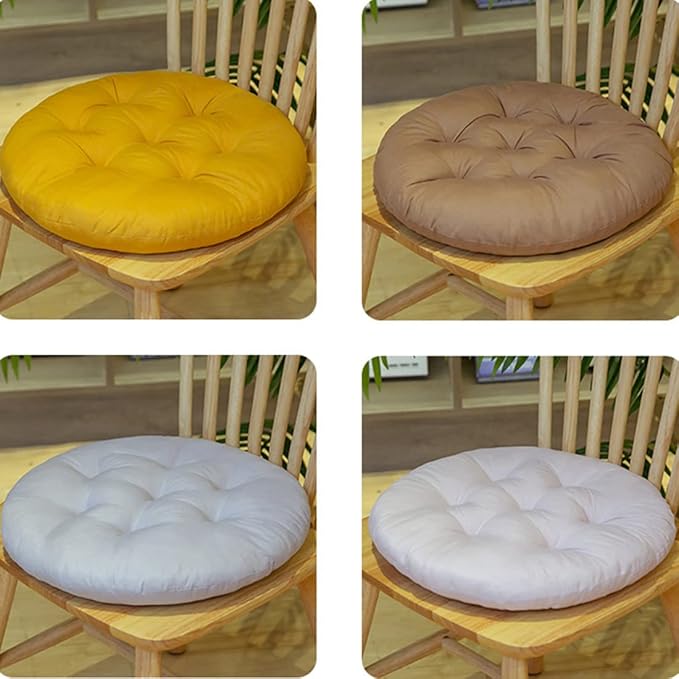 16 Inch Round Chair Seat Pad Thick Tatami Plaid Style Comfortable Floor Seat Cushion Soft Chair Mat for Office Bedroom Living Room Kitchen, Light Khaki