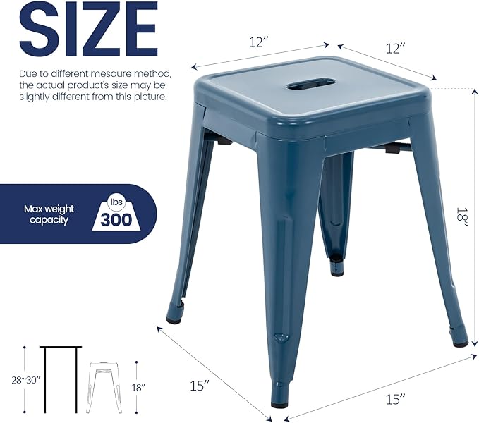 Brage Living 18 Inch Industrial Metal Stools Set of 4, Stackable Classroom Stools, Backless Metal Dining Chairs for Indoor Outdoor, Kitchen Short (Deep Blue)