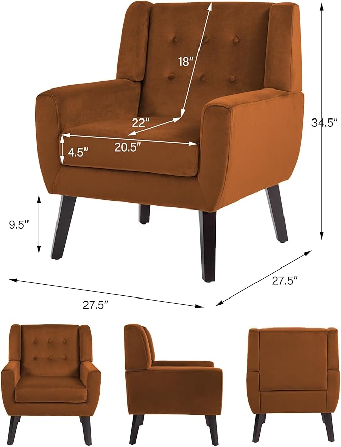 DREAMSIDEA Accent Chair, Modern Velvet Arm Chair for Living Room, Bedroom, Comfy High-Resilient Sponge Reading Chair for Small Spaces-Velvet Orange, Set of 1