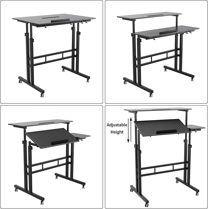 DlandHome Computer Desk, Adjustable Rolling Desk Standing Desk, 31.5L x 23.6W x 26.4-45.3H inch, Black