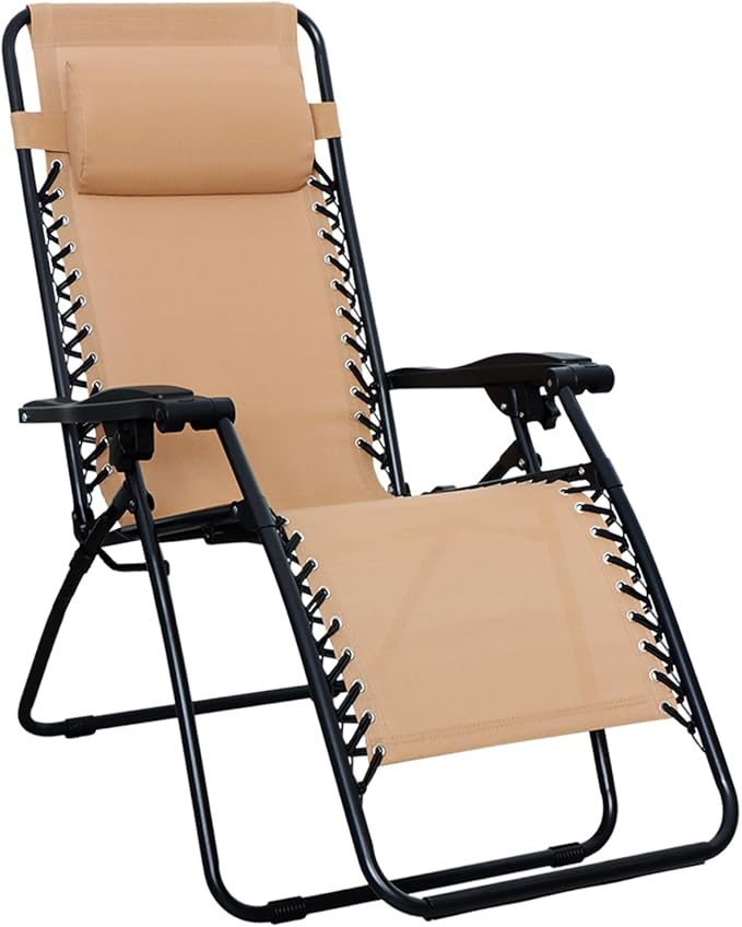 Amazon Basics Outdoor Patio Zero Gravity Lounge Chair with Pillow, Folding Reclining and Textilene Adjustable, Folding Lounge Lawn Chairs for Outside, 26", Beige