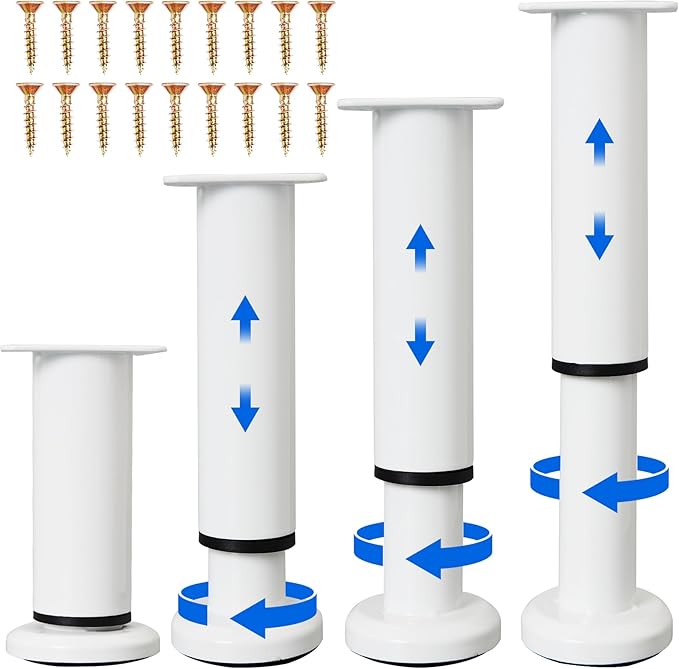 Olldag 4PCS Adjustable Furniture Couch Cabinet Legs 4.72-7.48 Inch [with 18 PCS Screws], Heavy Duty Adjustable Height Replacement Legs for Dresser/Sofa/Bed/Chair, Legs for Furniture Set of 4 (White)