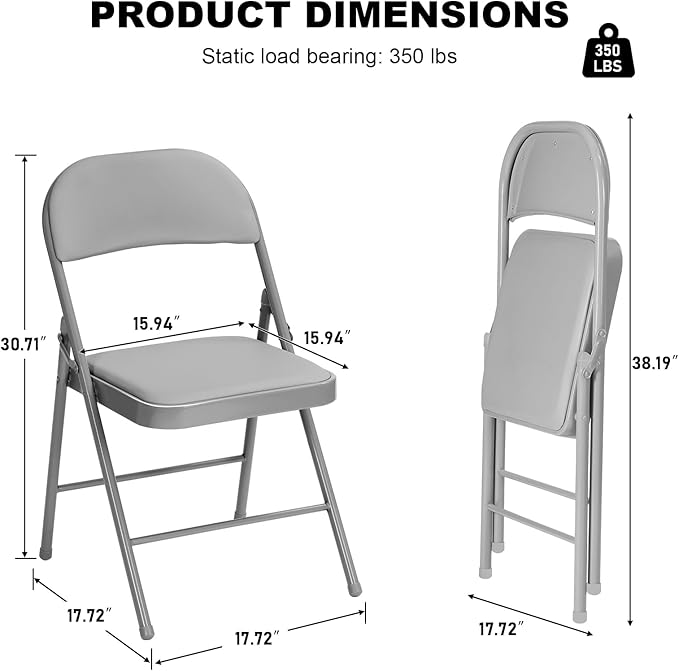 24 Pack Gray Folding Chairs with Padded Cushion for Outside, Portable Stackable Commercial Metal Foldable Chairs with Steel Frame for Home Events Office Wedding Party, 350lbs Capacity