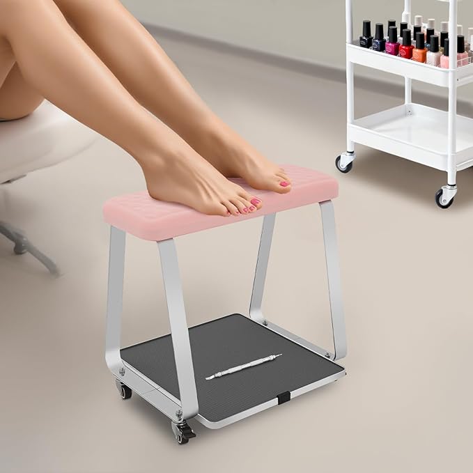 Pedicure Foot Rest, Portable Nail Salon Footrest with Organizer Tray, 110LBS Load Capacity, Lockable Casters for Beauty Nail Salon, Spa, Home, Clinic (Pink)