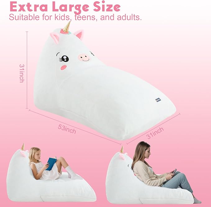 COMAX Unicorn Bean Bag Chairs for Kids 8-12, Large Kid Beanbag Chair with Filler, Big Toddler Lounge Bean Chair, Children Lazy Floor Lounger for Girls Boys, White