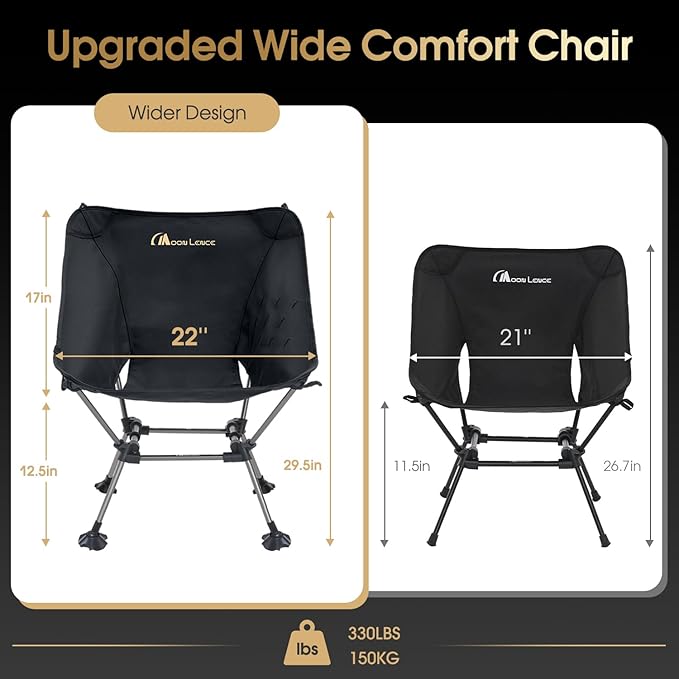 MOON LENCE Portable Camping Chair Plus Size, Folding Backpacking Beach Chair with Groundgrip Feet, Upgraded Comfort & Size, Still Compact and Lightweight for Hiking, 330Lbs Capacity (Black)