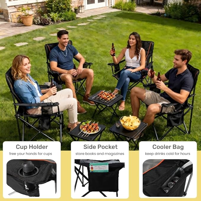 FAIR WIND Oversized Fully Padded Camping Chair for Heavy People with Lumbar Support, Heavy Duty Quad Fold Chair with Cooler Bag, Support 450 LBS, Black