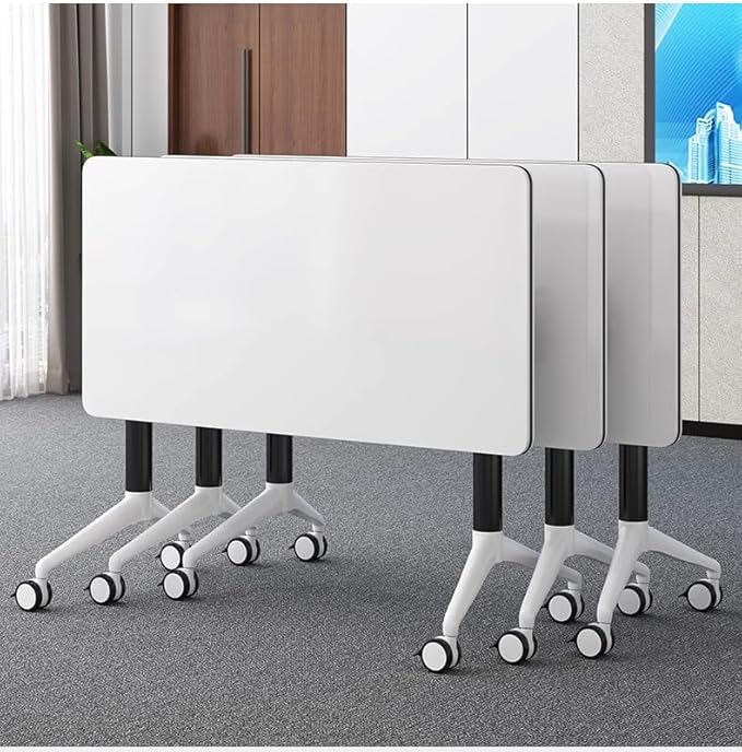 JQUZPCV Conference Table Foldable Meeting Tables, Mobile Training Table with Wheels, Flip Top Rolling Seminar Meeting Table for Office,Meeting Room,classr (White, 55.1×23.6×29.5in)