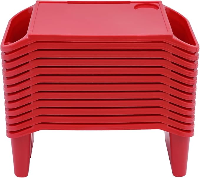 12 Pack Kids Lap Desk Tray with Storage Slots, Portable Lap Desk, Activity Tray, Drawing, Stackable, Writing, Eating, Classroom, 19.69" L x 9.84" W x 7.1" H (Red)
