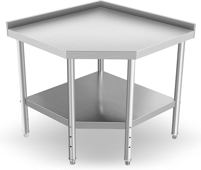 Commercial Stainless Steel Corner Work Table – NSF Approved with Splash Guard & Adjustable Shelf, Heavy Duty Kitchen Prep Bench for Restaurant & Home Use, Silver