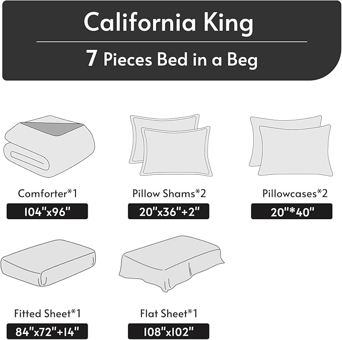 MUXHOMO 7 Pieces California King Comforter Set, Reversible Bed in a Bag Cal King Size, All Season Bedding Set with Comforter, Flat Sheet, Fitted Sheet, Pillowcases & Shams, Mineral Blue & Light Blue