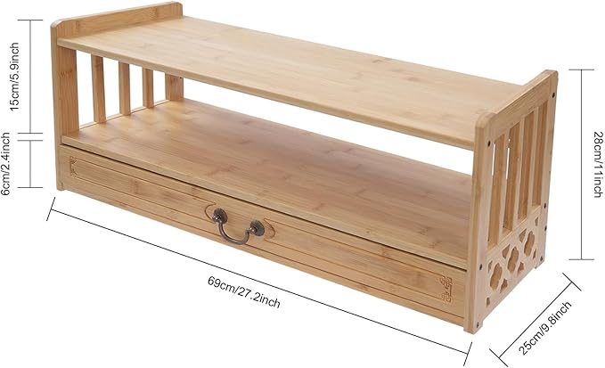 Low 3-Tier Meditation Table with Drawer,Bamboo Altar Tables,Puja Desks,Tatami Desk,27.2”W,Wood Color