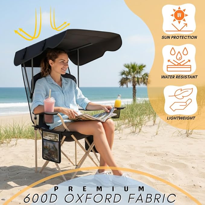 CozyBox Portable Folding Camping Chairs with Canopy Shade, Beach Chair for Adults, Durable Weather Resistant 600D Oxford Cloth, Camping Chair with Canopy for Outdoors [Black]