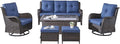 Rilyson Wicker Patio Furniture Set - 6 Piece Rattan Outdoor Sectional Conversation Sets with 2 Swivel Rocking Chairs,2 Ottomans,1 Sofa and 1 Coffee Table for Porch Deck Garden(Brown/Blue)
